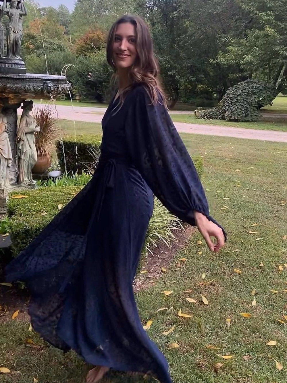 Sheer High- Low Navy Blue Long-Sleeve Maxi Wedding Guest Dress